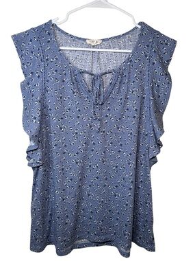 Como Blu Cozy Blue Floral Tie-Neck Ruffle Sleeve Women's Top Medium Girly Summer